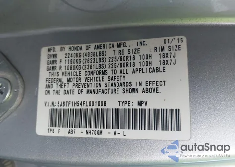 2015 Honda Crosstour Ex-L V6 z USA, uszkodzony, nr VIN 5J6TF1H54FL001008